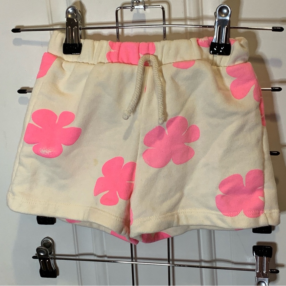 Zara Cream Neon Pink Floral Sweat Sweater Shorts Faux Drawstring Size 2-3 years